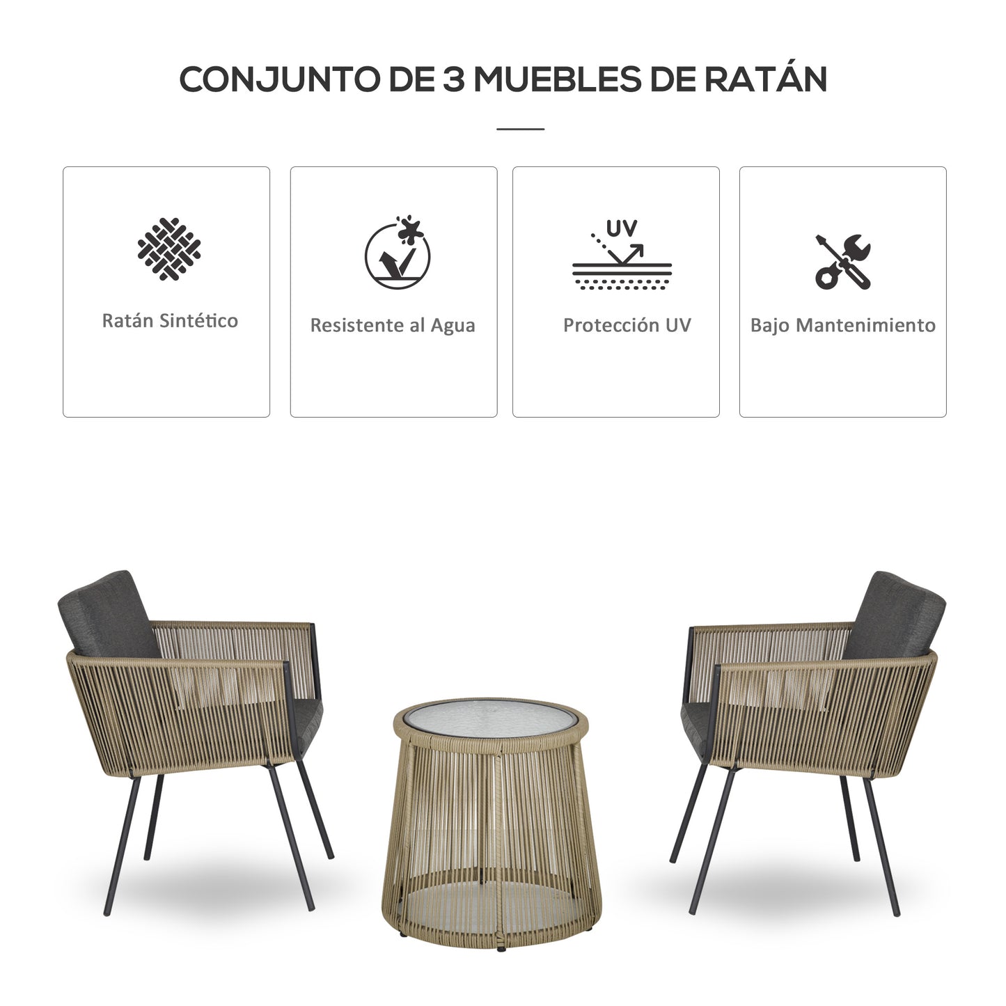 Outsunny Conjunto De Muebles De Ratán 1 Mesa Redonda Y 2 Sillas Con Cojines_4