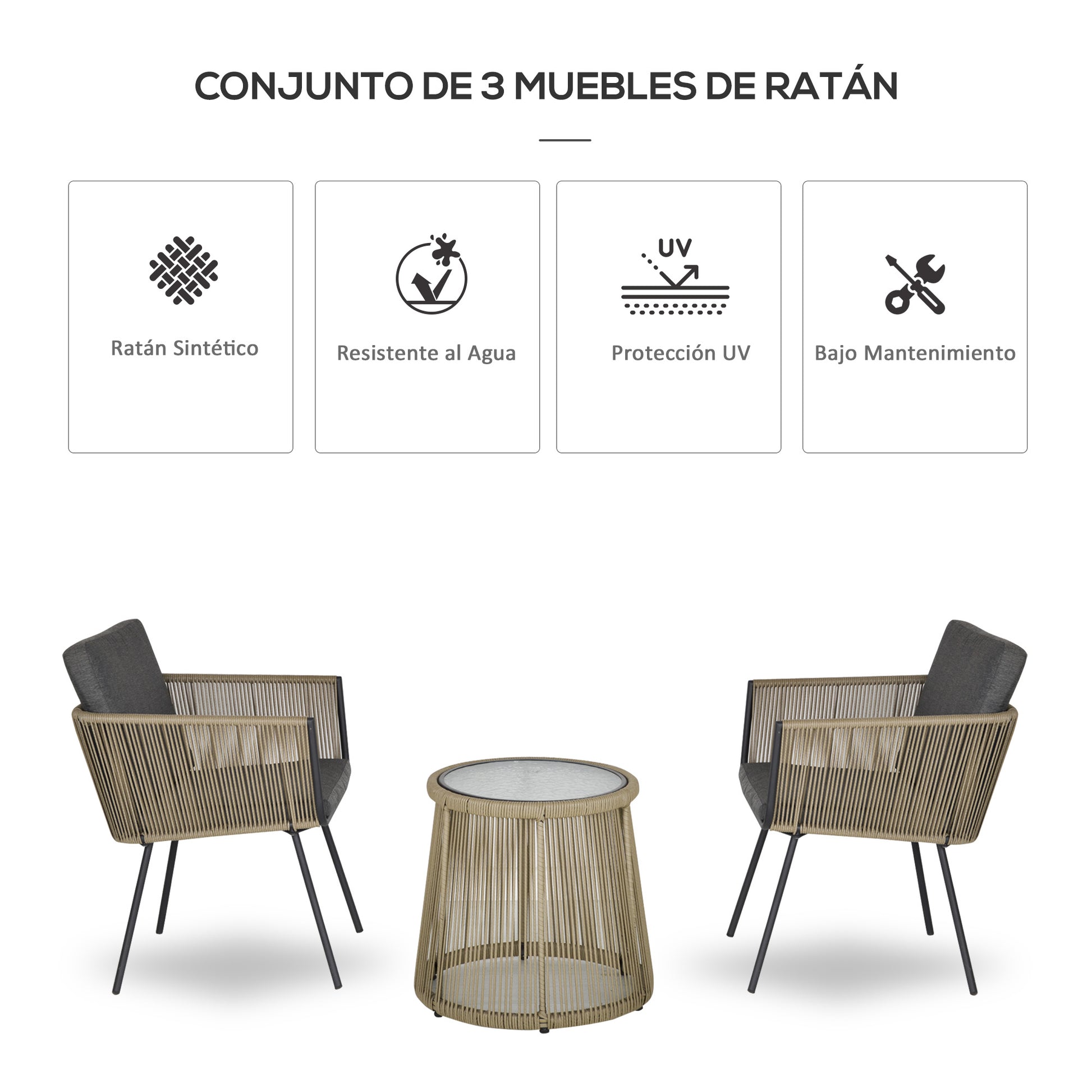 Outsunny Conjunto De Muebles De Ratán 1 Mesa Redonda Y 2 Sillas Con Cojines_4