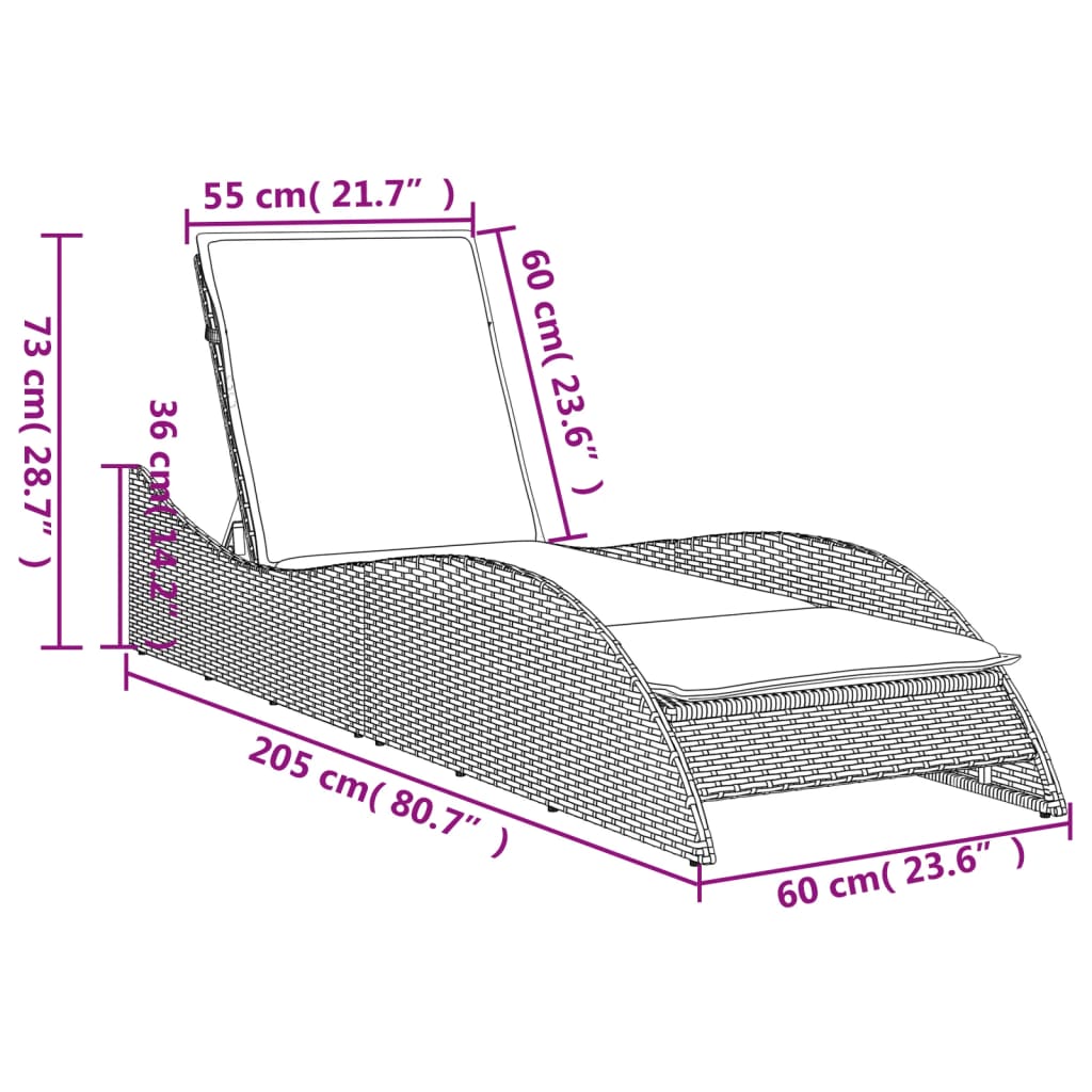 Tumbona Con Cojín Ratán Sintético Gris 60x205x73 Cm / Vetonek_2