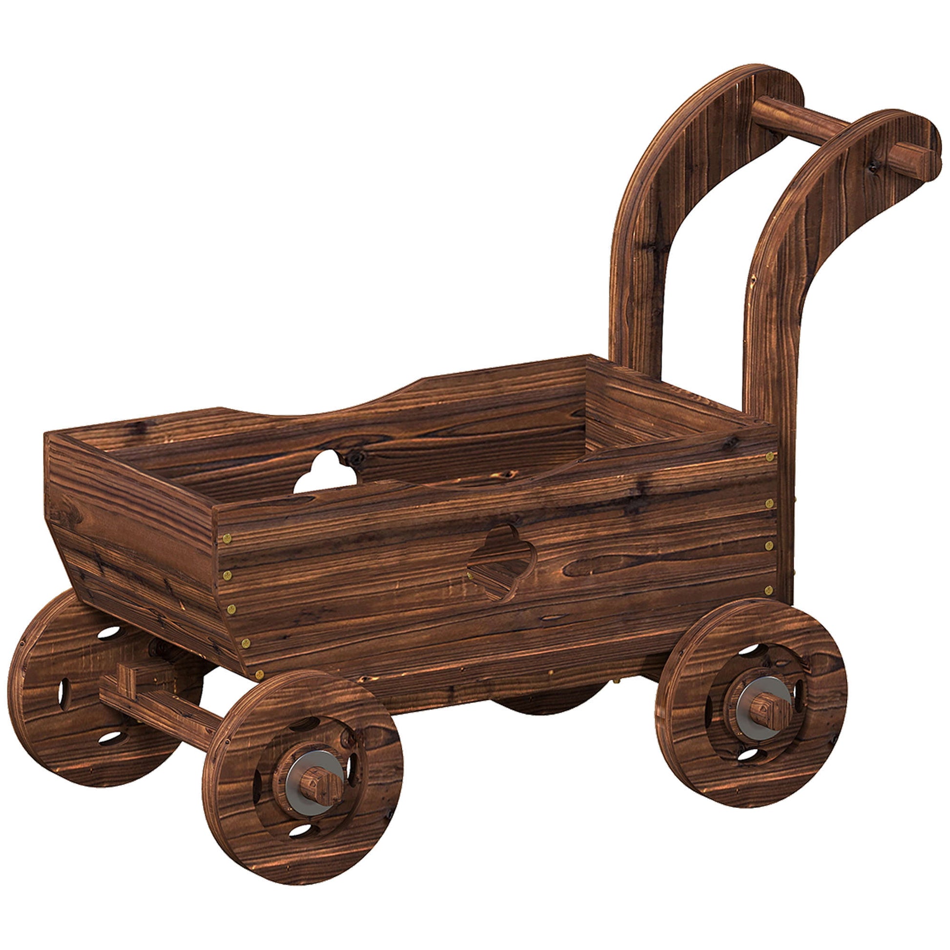 Outsunny Carretilla De Madera Decorativa Exterior Con 4 Ruedas Asa Carbonizado_0