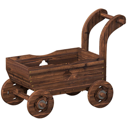 Outsunny Carretilla De Madera Decorativa Exterior Con 4 Ruedas Asa Carbonizado_0