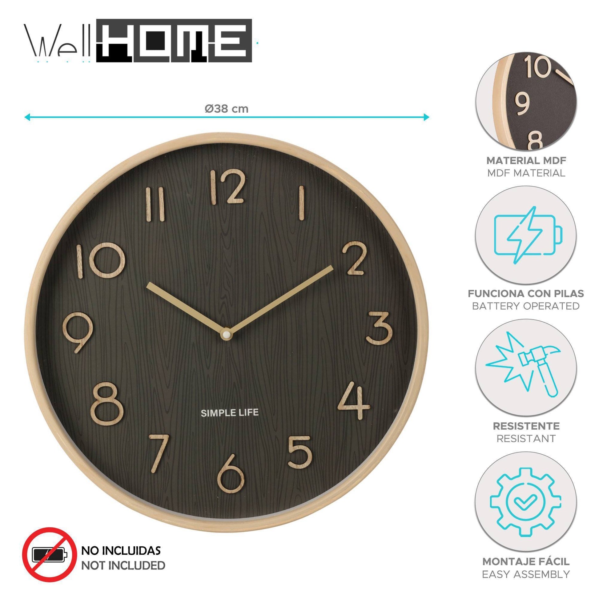 Well Home Reloj De Pared De Madera Aspecto Moderno Color Marrón Oscuro Ø38x5 Cm_1