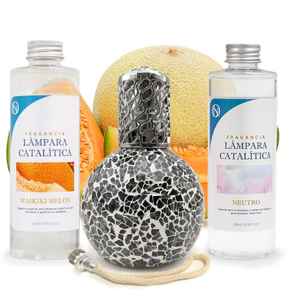 Pack Lámpara Catalítica Mosaico Negro + Fragancia Waikiki Melon 200ml + Limpiador Neutro 200ml + Mecha De Repuesto_0