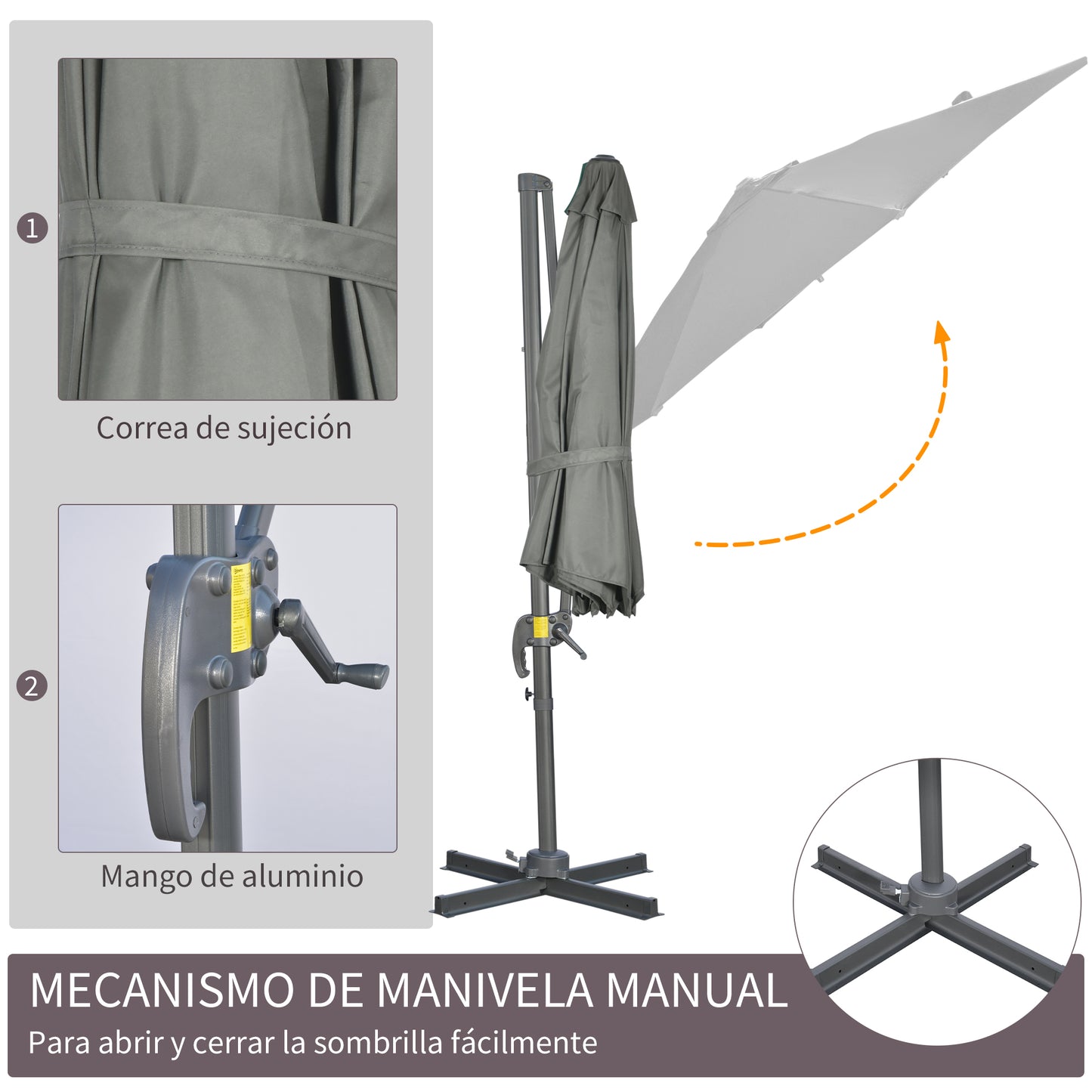 Outsunny Sombrilla De Jardín De Aluminio Ø300x250 Cm Con Manivela Gris_5