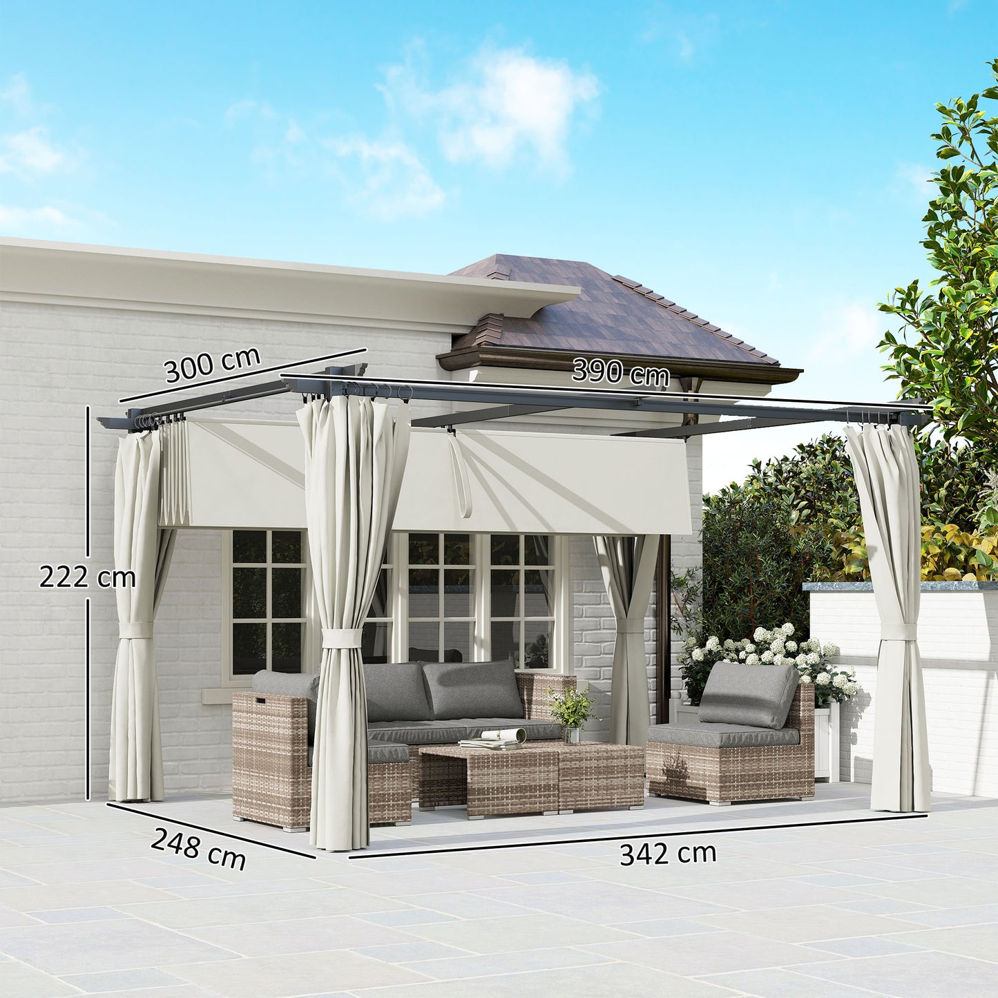 Outsunny Pérgola Con Techo Retráctil 4x3 M Paredes Laterales Anti-uv Crema_2