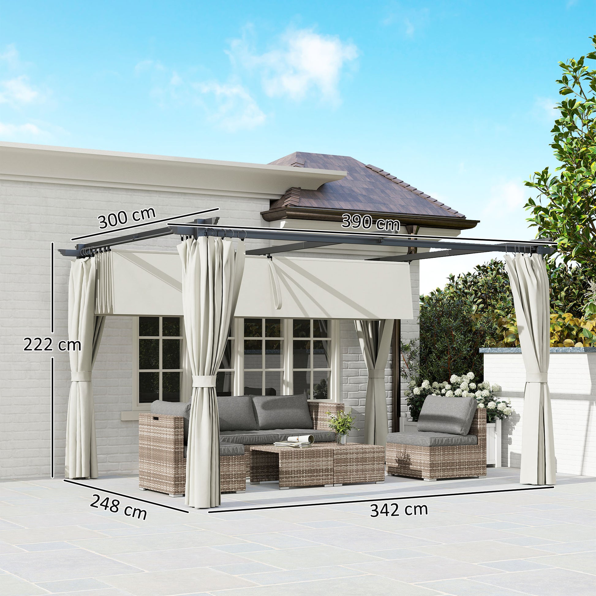 Outsunny Pérgola Con Techo Retráctil 4x3 M Paredes Laterales Anti-uv Crema_2