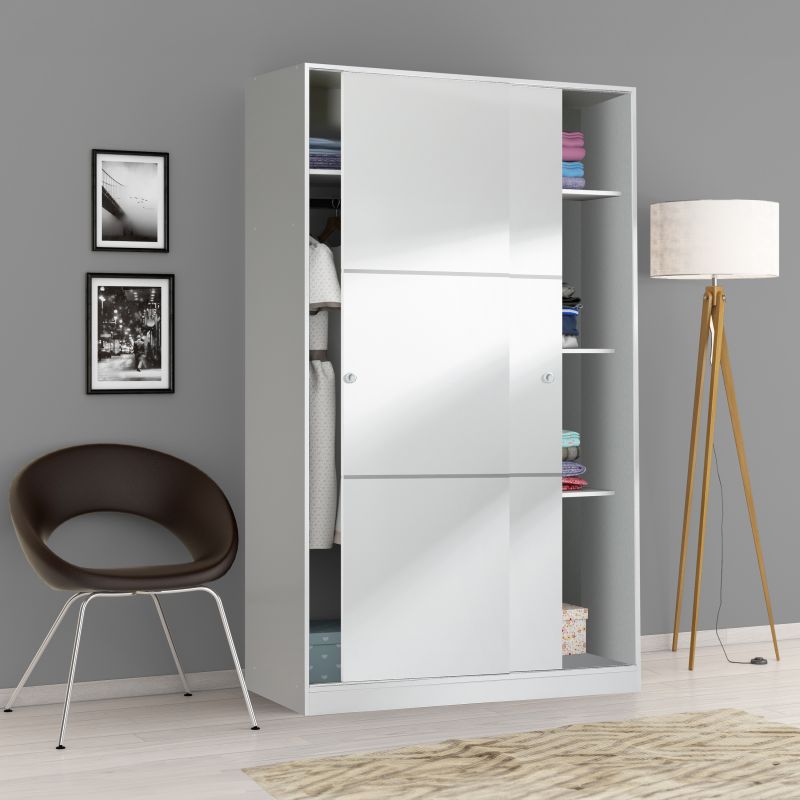 Armario 2 Puertas Correderas Estantes 120 Blanco Brillo_2