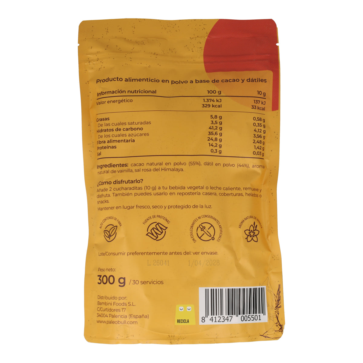 Dakaw cacao con dátil en polvo Paleobull 300g