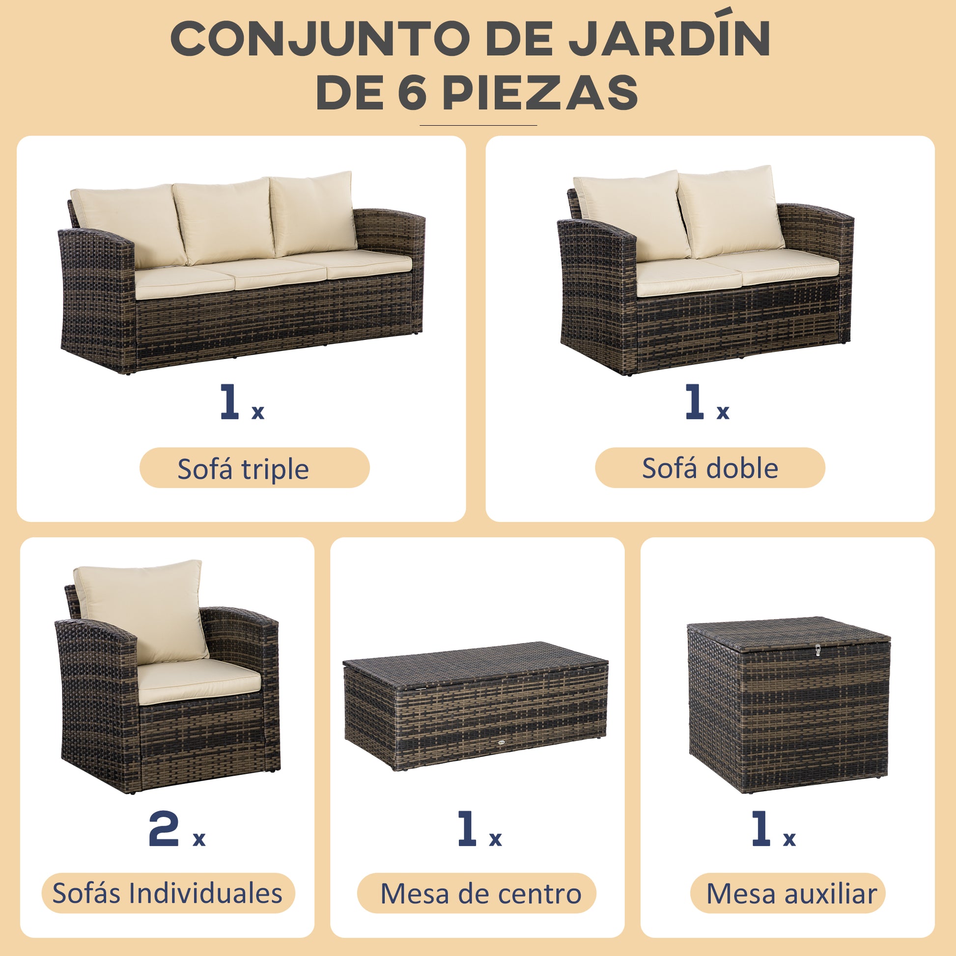 Outsunny Conjunto De Jardín Exterior De Ratán Sintético De 6 Piezas Caqui_5