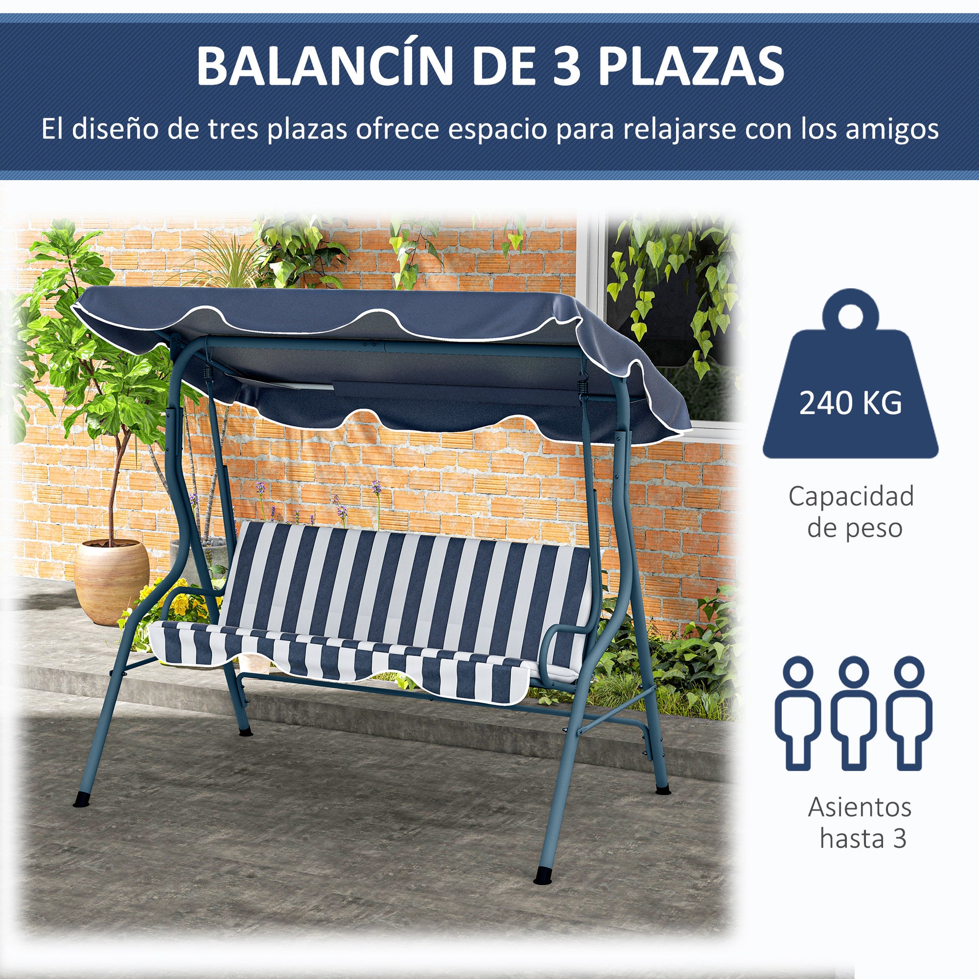 Outsunny Columpio De Jardín Con Toldo Ajustable En Ángulo 170x110x153 Cm Azul_5