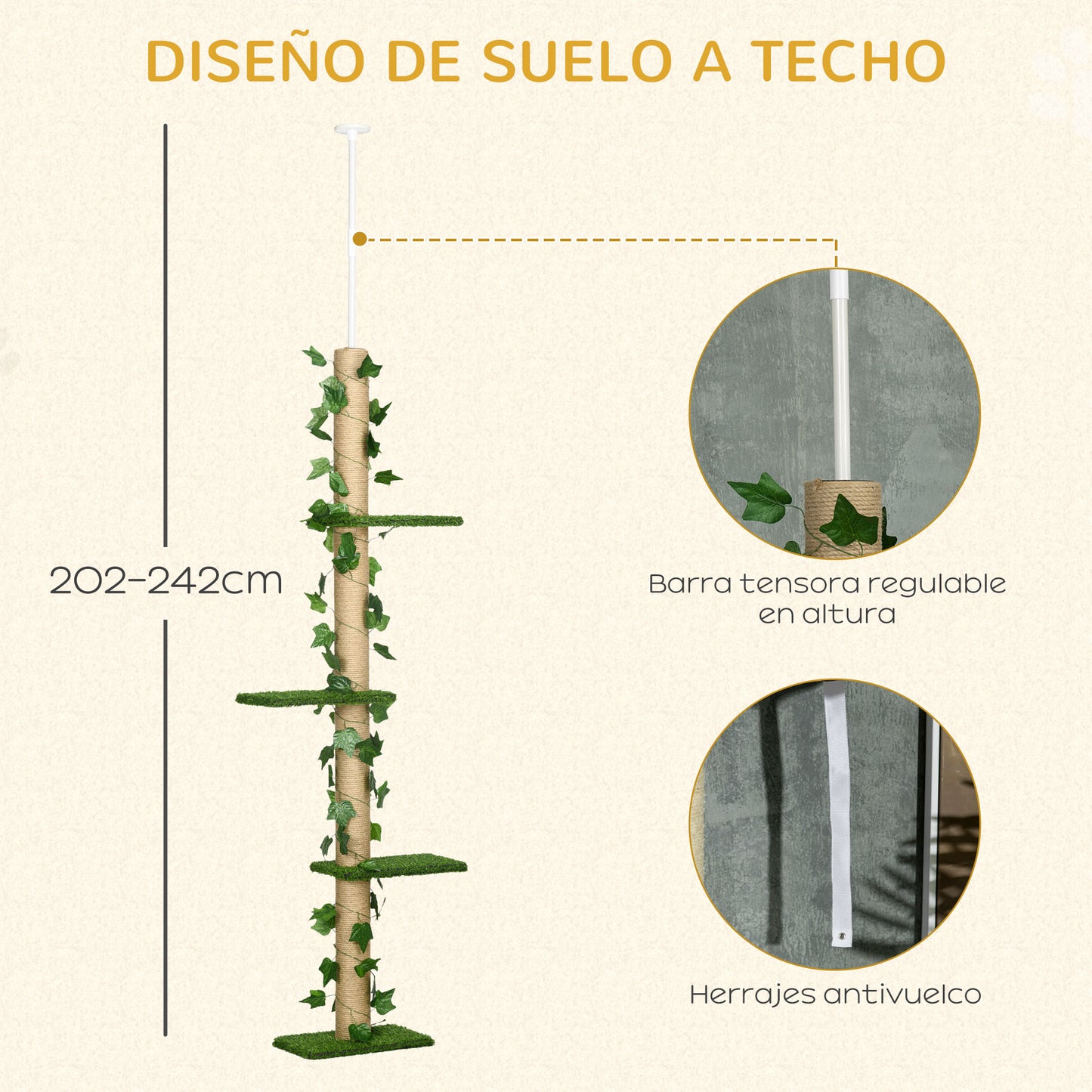 Pawhut Árbol Para Gatos Del Suelo Al Techo 37x21x202-242 Cm Con Altura Ajustable_4