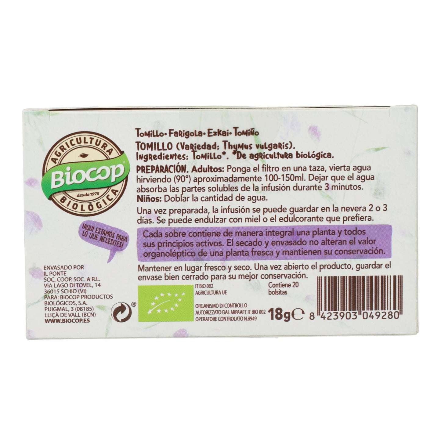 Té Tomillo Biocop Giardino, 20 bolsitas