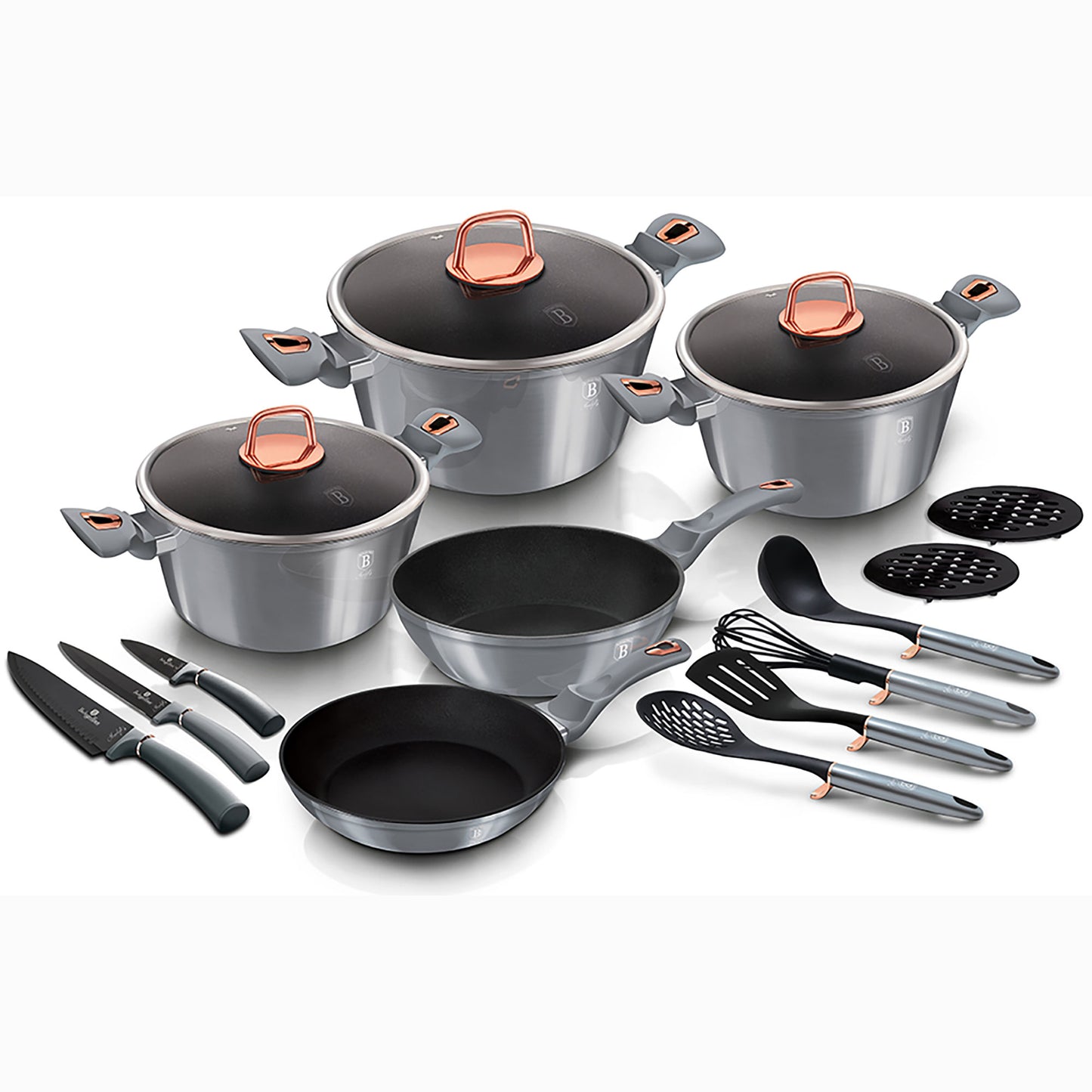 Batería Cocina Inducción 17 Piezas, Antiadherente Mármol Sin Pfoa, Aluminio, Cazuelas Sartenes Berlinger Haus Moonlight Gris_1