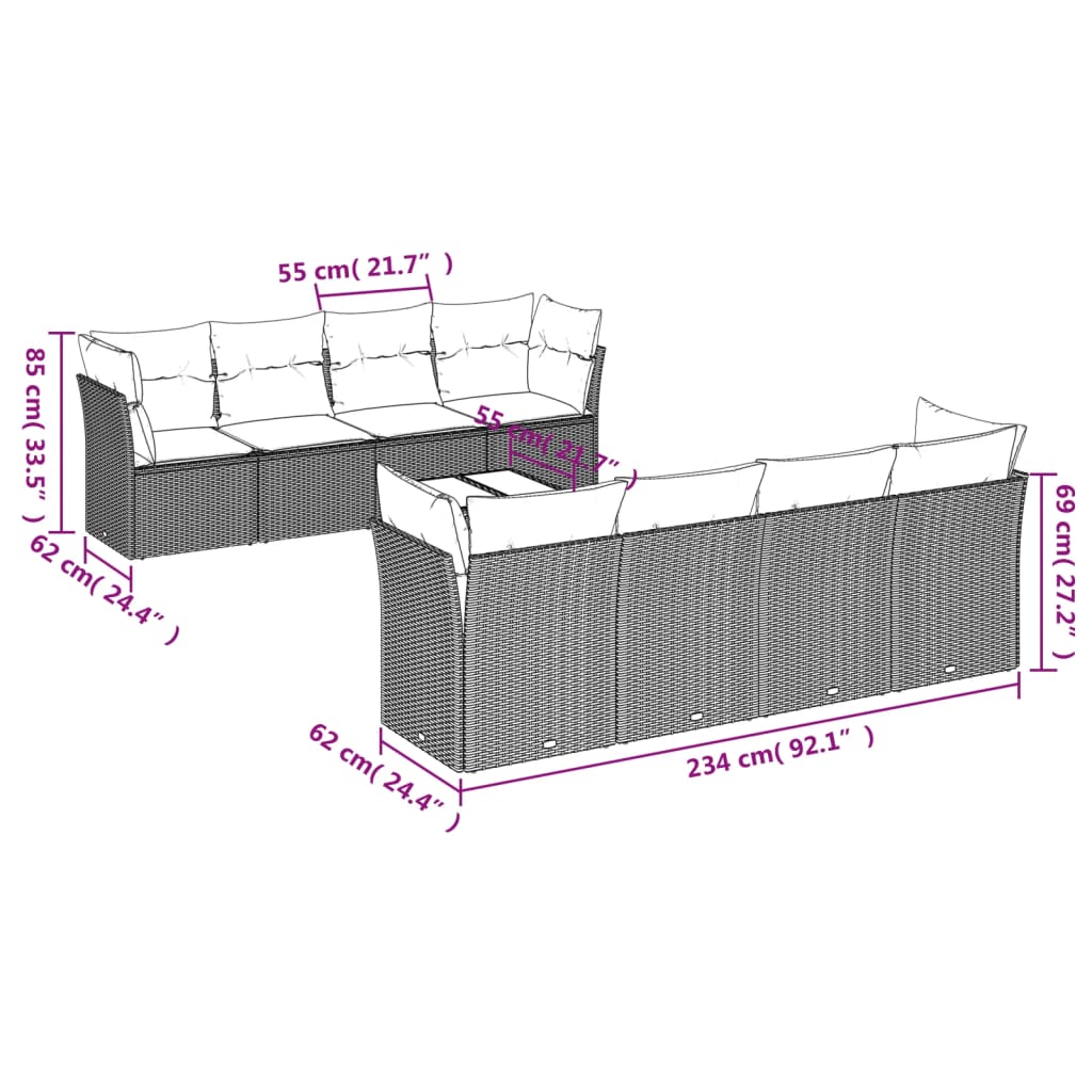 Set De Sofás De Jardín 9 Pzas Con Cojines Ratán Sintético Beige / Vetonek_2