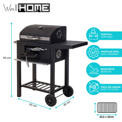 Well Home - Barbacoa Carbón Negra Con Doble Parrilla Y Mesa Auxiliar H.96cm