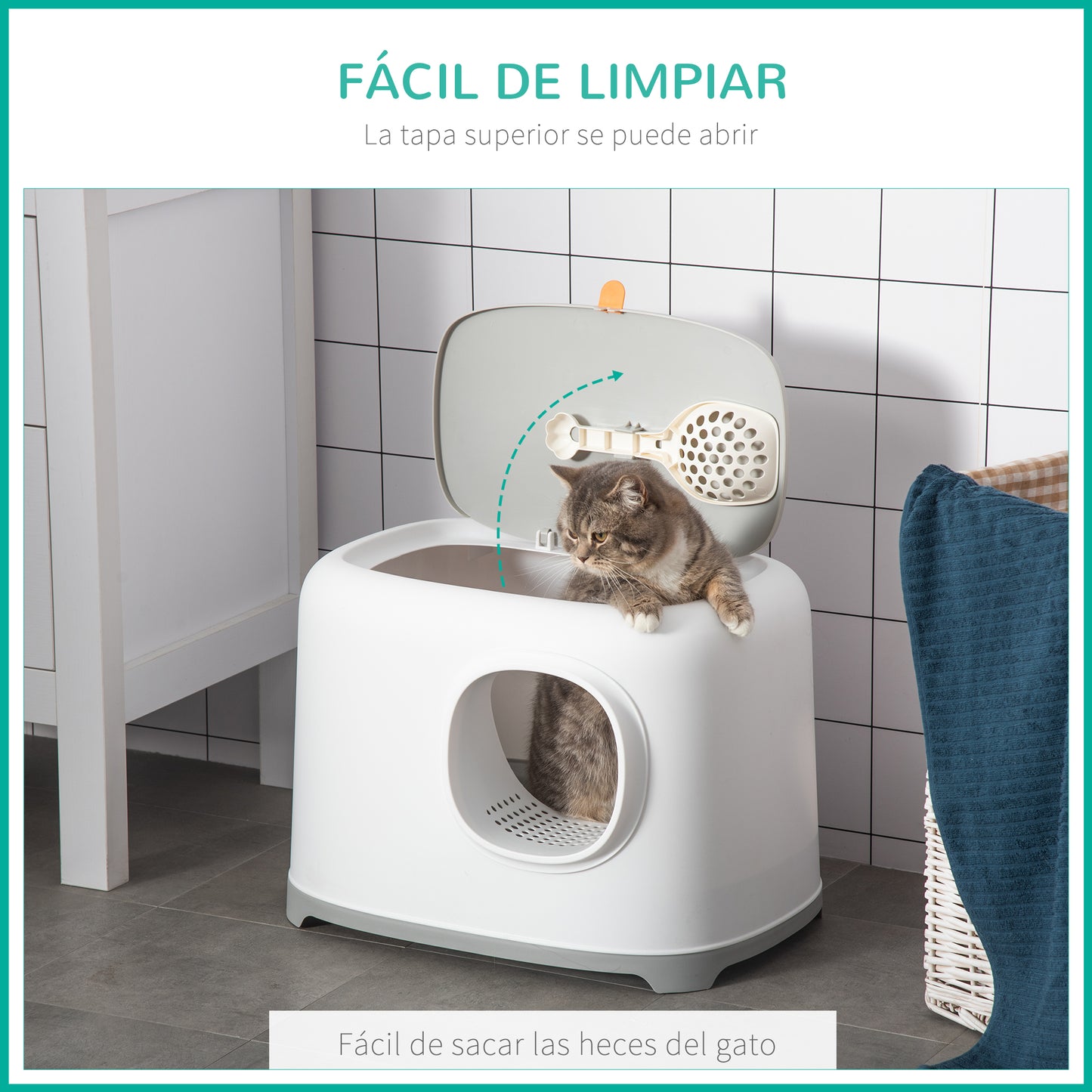 Pawhut Caja Arena Para Con Gatos Bandeja Techo Abatible Pala 55x40x39 Cm Blanco_5