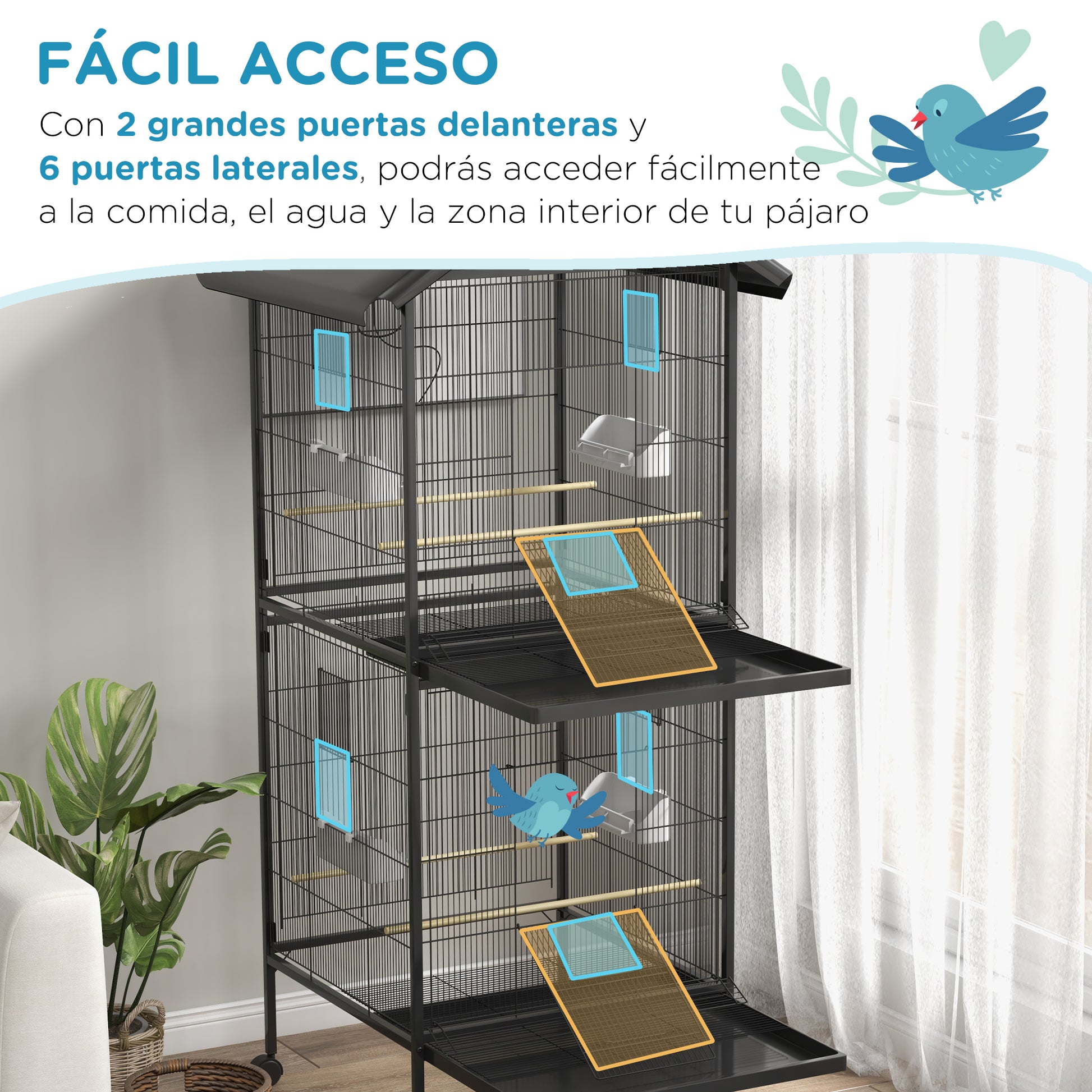 Pawhut Jaula Para Pájaros Grande De 2 Pisos 78x75x168 Cm Negro_4