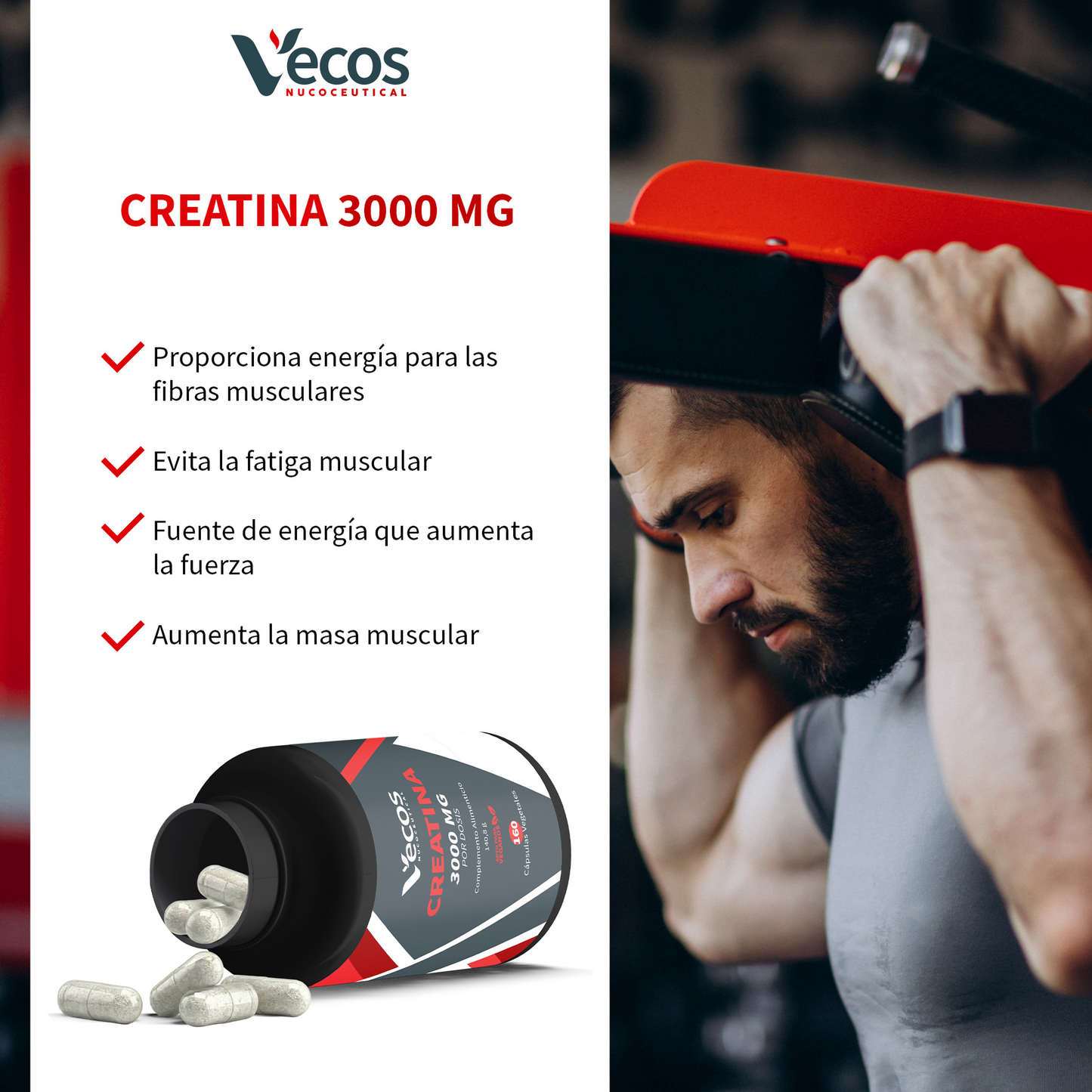 Creatina Monohidrato 3000 Mg Vecos 160 Cápsulas | Mejora El Rendimiento Físico En Ejercicios De Alta Intensidad_3