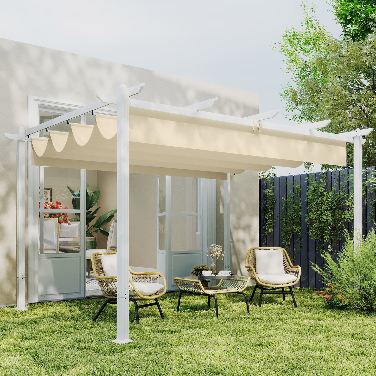 Outsunny Pérgola De Jardín 4x3 M Con Techo Retráctil Upf30+ Drenaje Beige_1