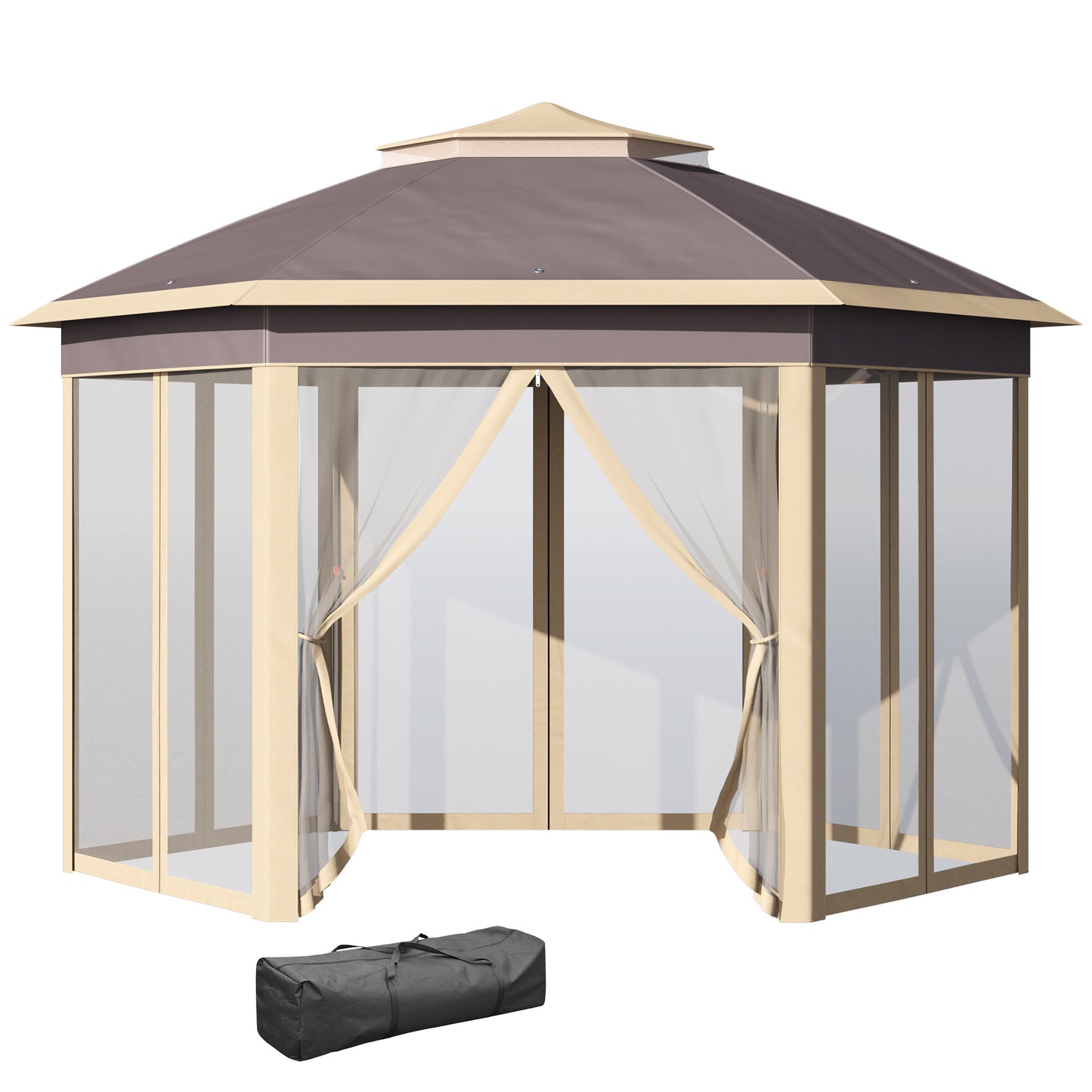 Outsunny Carpa Plegable Hexagonal 4,05x3,4x2,85 M Con Doble Techo Beige_0