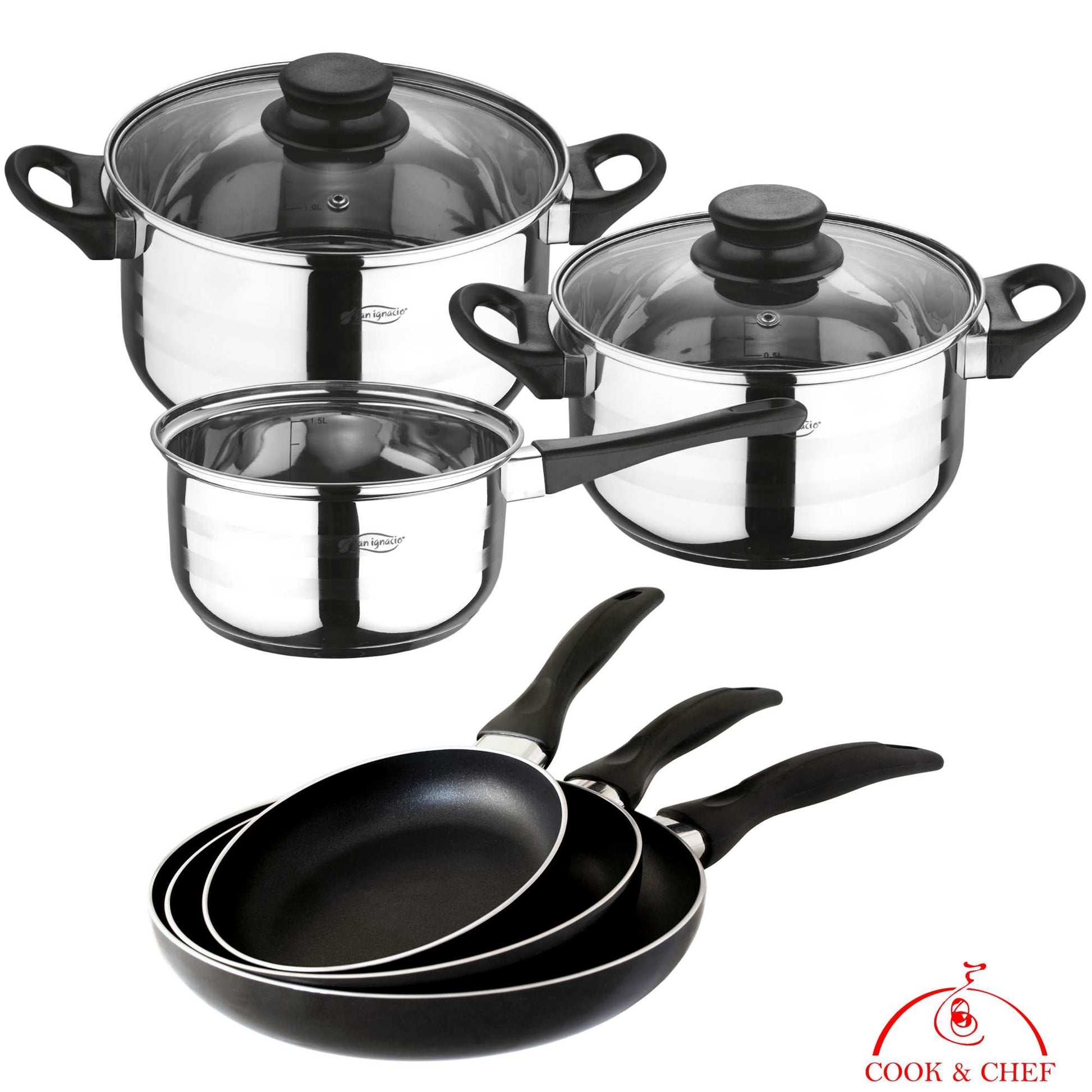 San Ignacio - Top Kitchen Menaje: Pack De 3 Sartenes + Batería De Cocina 5 Piezas