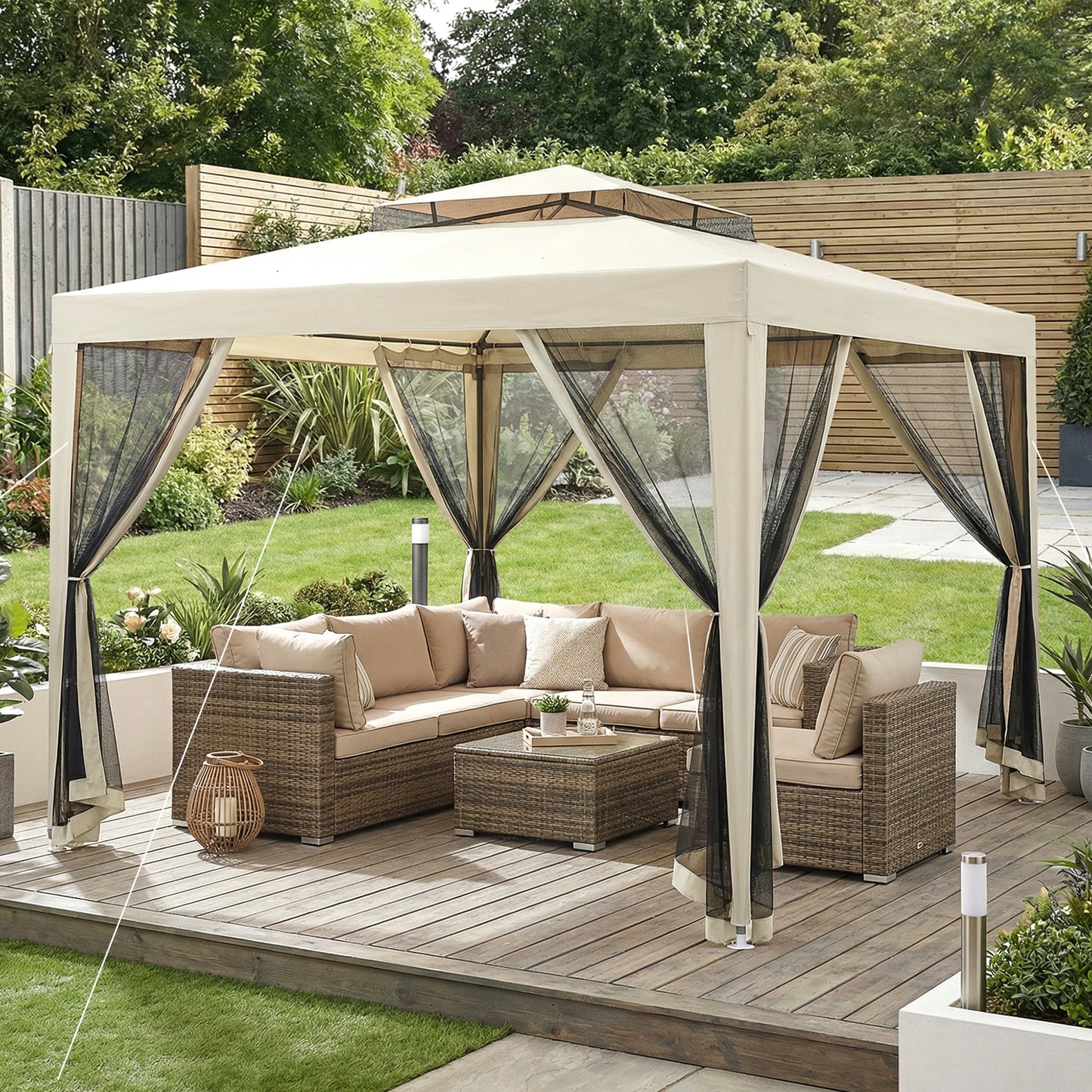 Outsunny Carpa De Jardín 3x3 M Con 4 Mosquiteras Laterales Techo Doble Beige_1