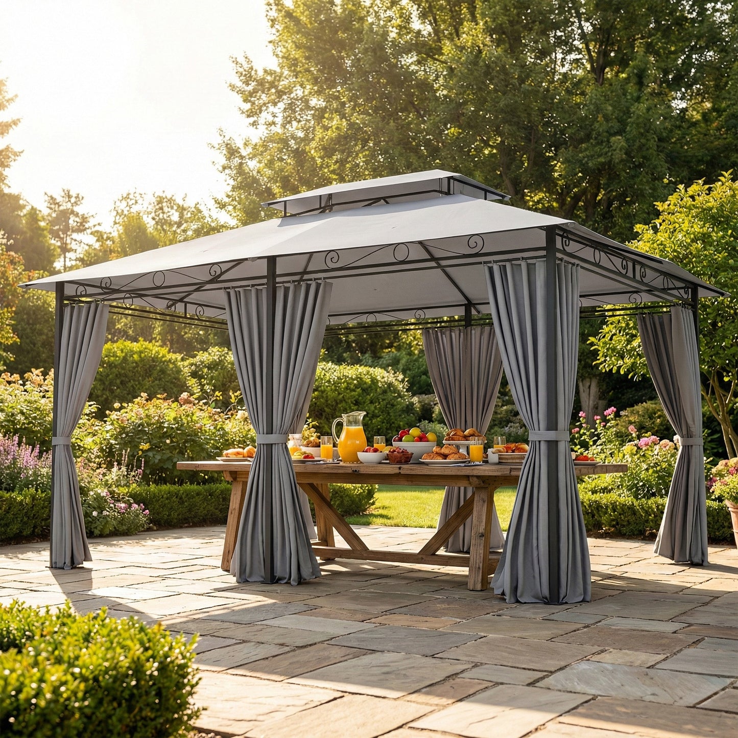 Outsunny Cenador Para Jardín 3x4 M Con Doble Techo Paredes Laterales Gris Oscuro_3