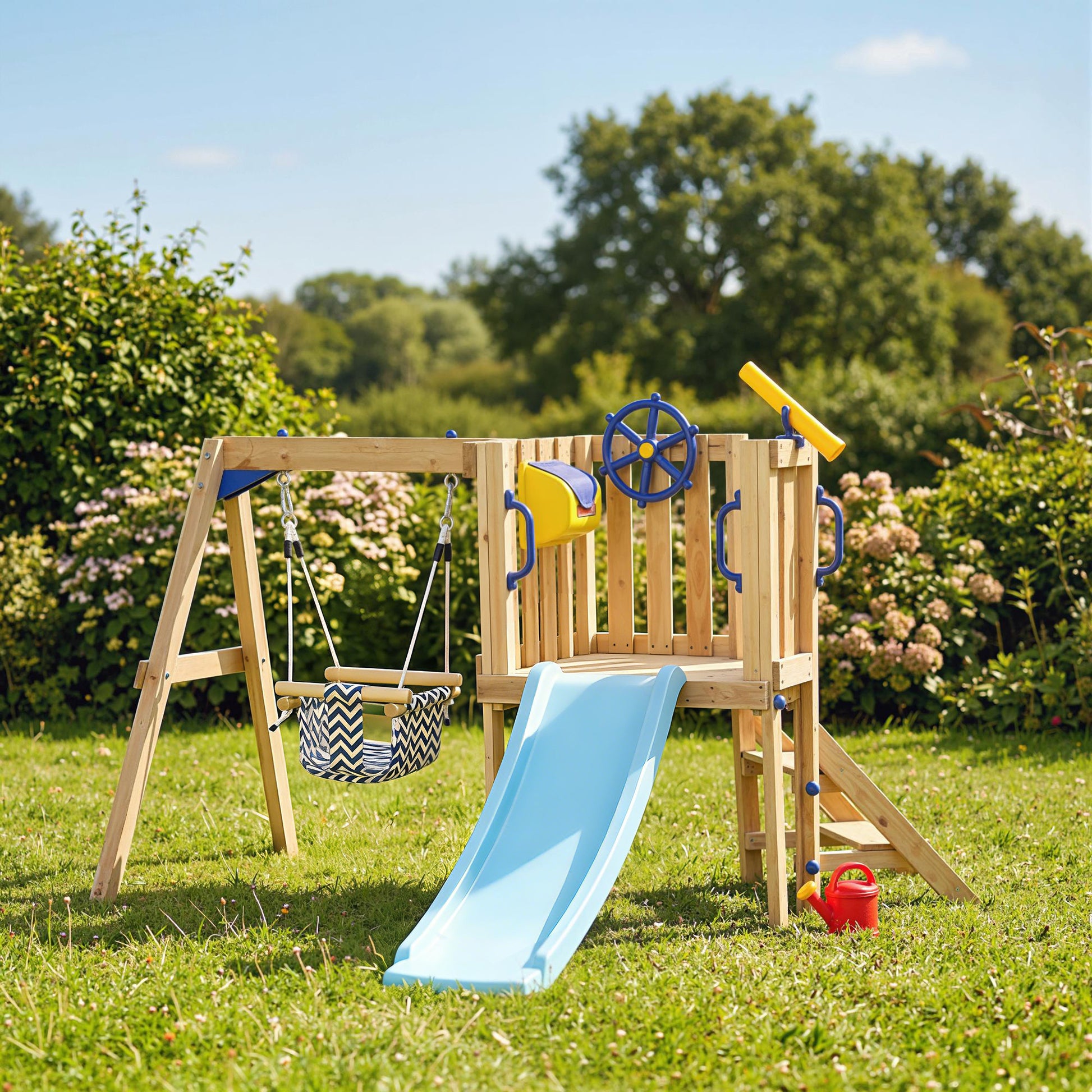 Aiyaplay Columpio Y Tobogán Infantil Exterior De Madera Con Volante Telescopio_1