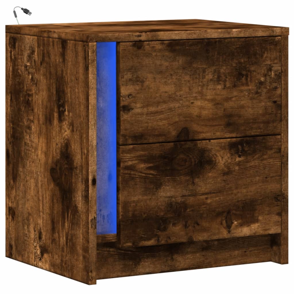 Mesita De Noche Con Luces Led Madera Ingeniería Roble Ahumado_1