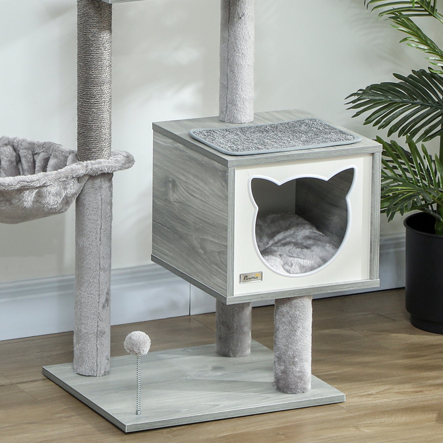 Pawhut Árbol Rascador Para Gatos 126 Cm Con Plataforma Hamaca Caseta Gris_3