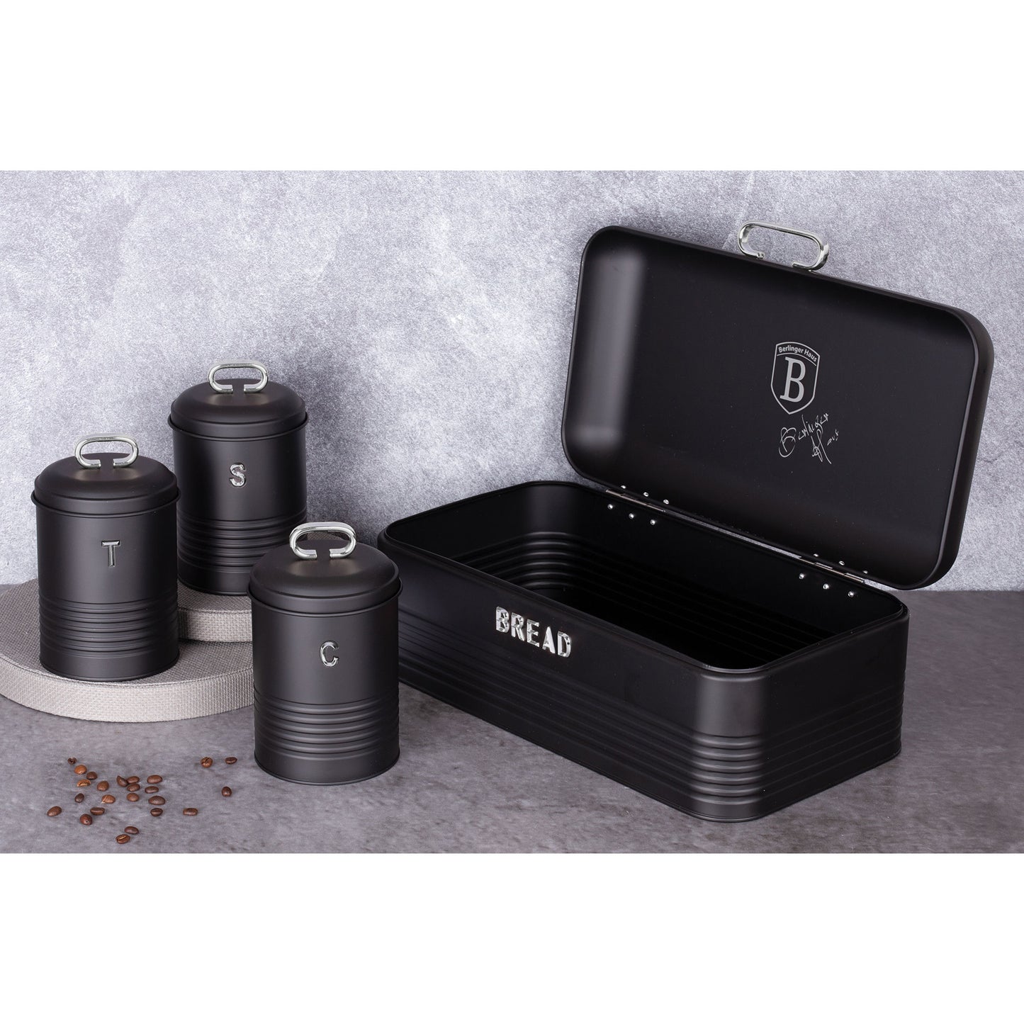 Panera De Mesa +juego 3 Botes Cocina Almacenaje Acero Inoxidable Contenedor De Pan  Con Tapa Berlinger Haus Black Silver, Acero Inoxidable / Negro_1