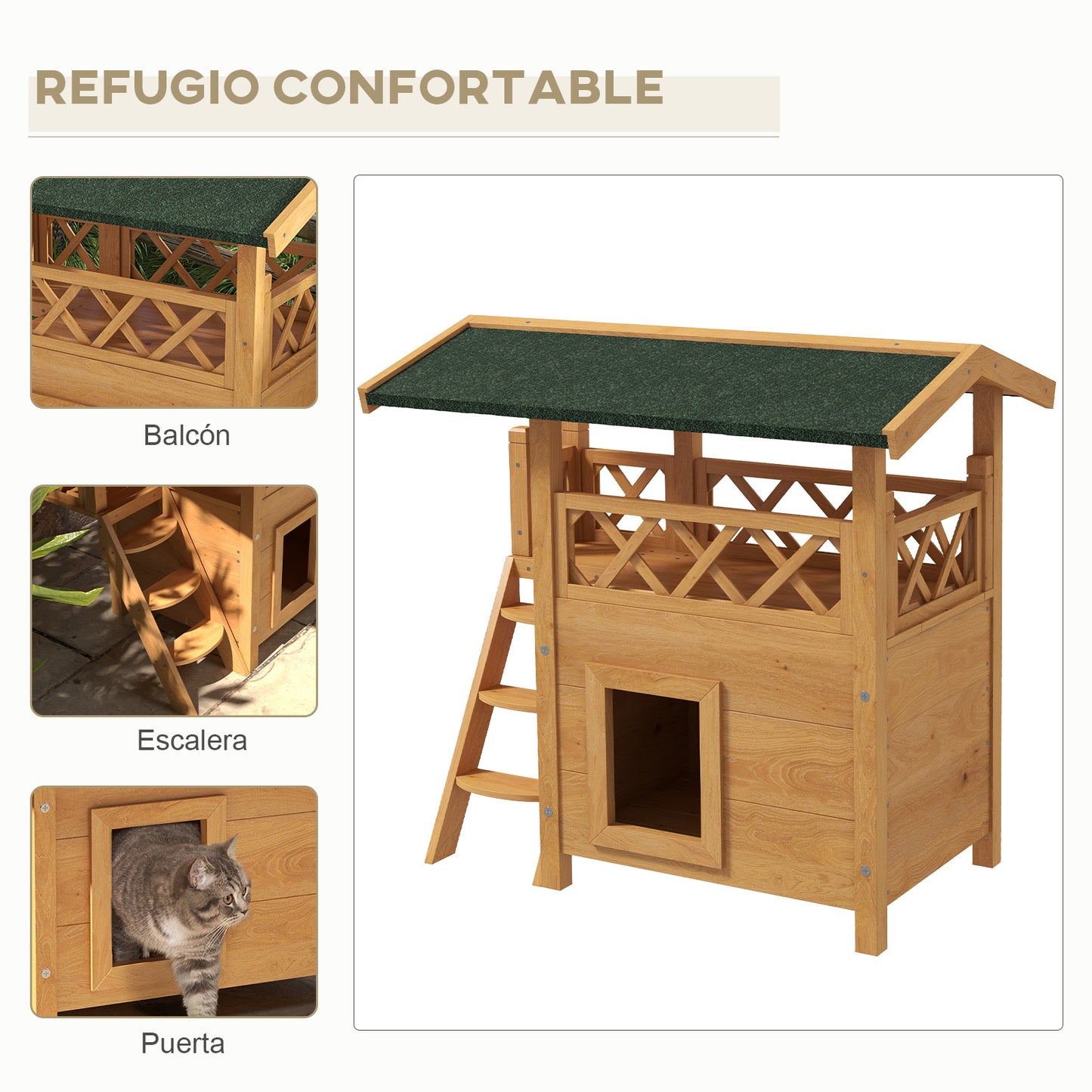 Pawhut Casa Para Gatos De Madera 77x50x73 Cmcon Techo Asfáltico Escalera Natural_3