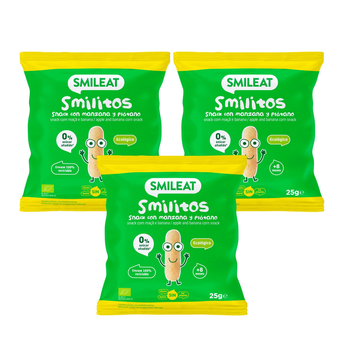 Pack 3x Smilitos, gusanitos de manzana y plátano 25g snack Smileat
