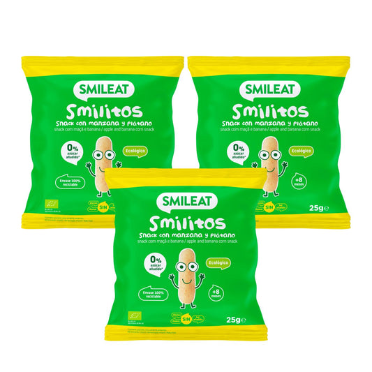 Pack 3x Smilitos, gusanitos de manzana y plátano 25g snack Smileat