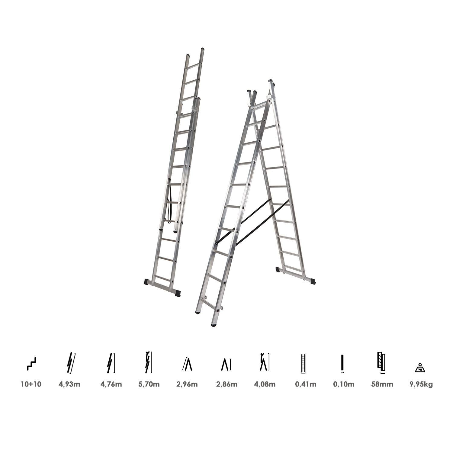 Escalera Aluminio 2 Tramos 10+10 Peldaños. Plegable, Antideslizante, Resistente