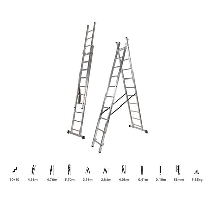 Escalera Aluminio 2 Tramos 10+10 Peldaños. Plegable, Antideslizante, Resistente