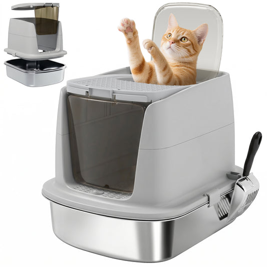 Pawhut Arenero Para Gatos De Acero Inoxidable L Con Tapa Abatible Gris Claro_0