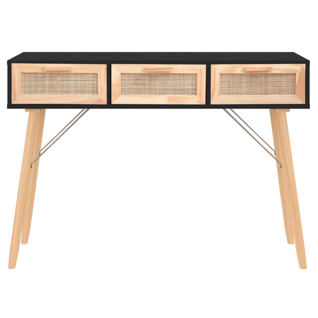 Mesa Consola Madera Pino Maciza Ratán Natural Negro 105x30x75cm_1