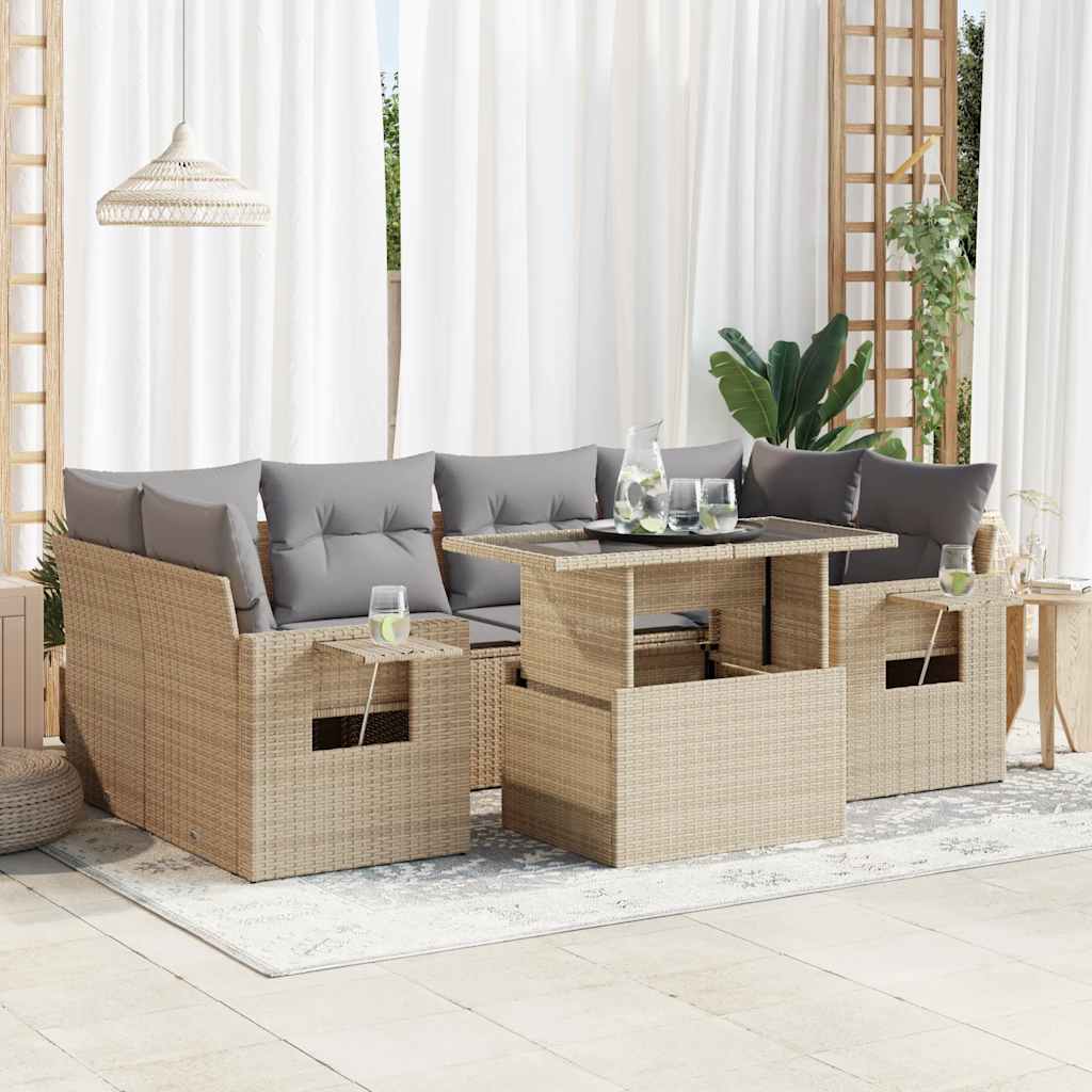 Set Sofás De Jardín 7 Piezas Y Cojines Ratán Sintético Beige / Vetonek_3