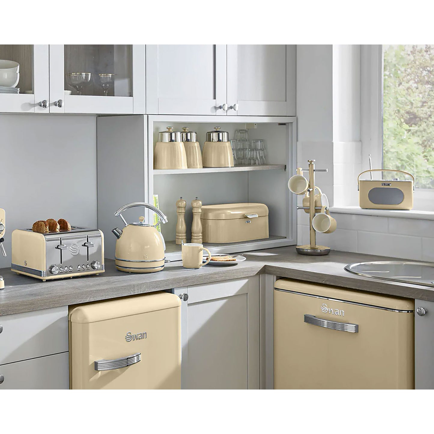 Set 3 Botes Cocina Almacenaje 1,2 L, Plástico Y Acero Inox, Especias, Té ,café, Retro, Vintage Swan Swka1024cn, Crema_2