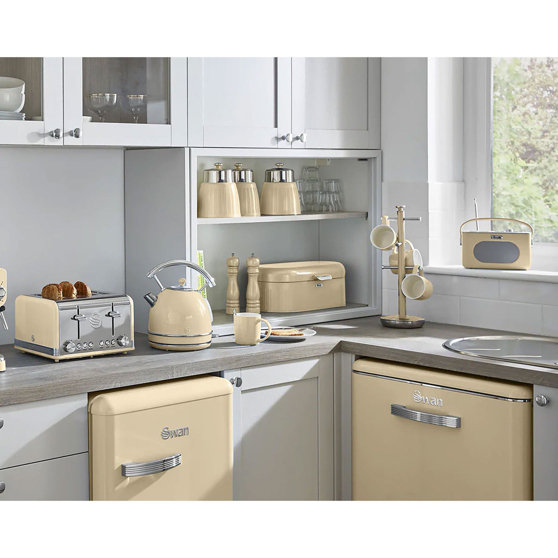 Set 3 Botes Cocina Almacenaje 1,2 L, Plástico Y Acero Inox, Especias, Té ,café, Retro, Vintage Swan Swka1024cn, Crema_2