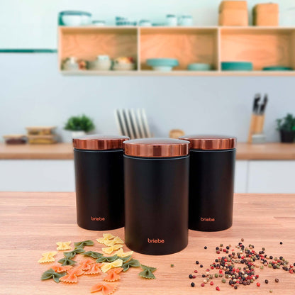 Panera De Mesa +juego 3 Botes Cocina Almacenaje Acero Inoxidable Contenedor De Pan Con Tapa, Briebe, Bb1161, Negro Mate/oro Rosa_5