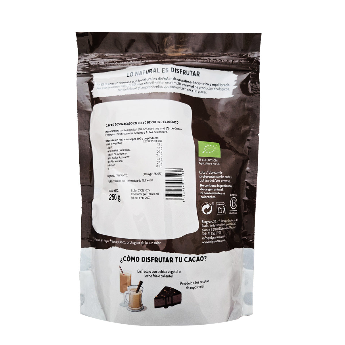 Cacao En Polvo 20-22% Materia Grasa Bio El Granero 250 gr