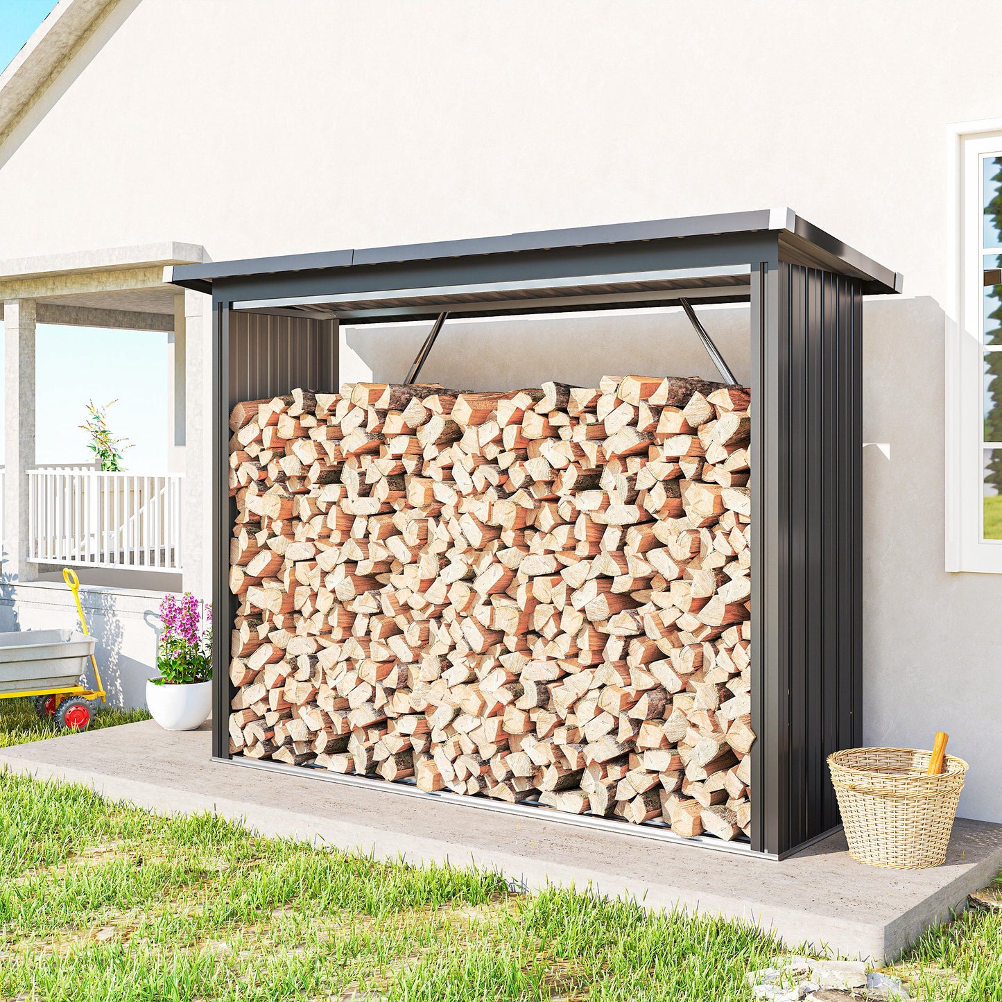 Outsunny Casetilla Para Leña Acero Galvanizado Con Base Elevada 213x66,5x150 Cm_1