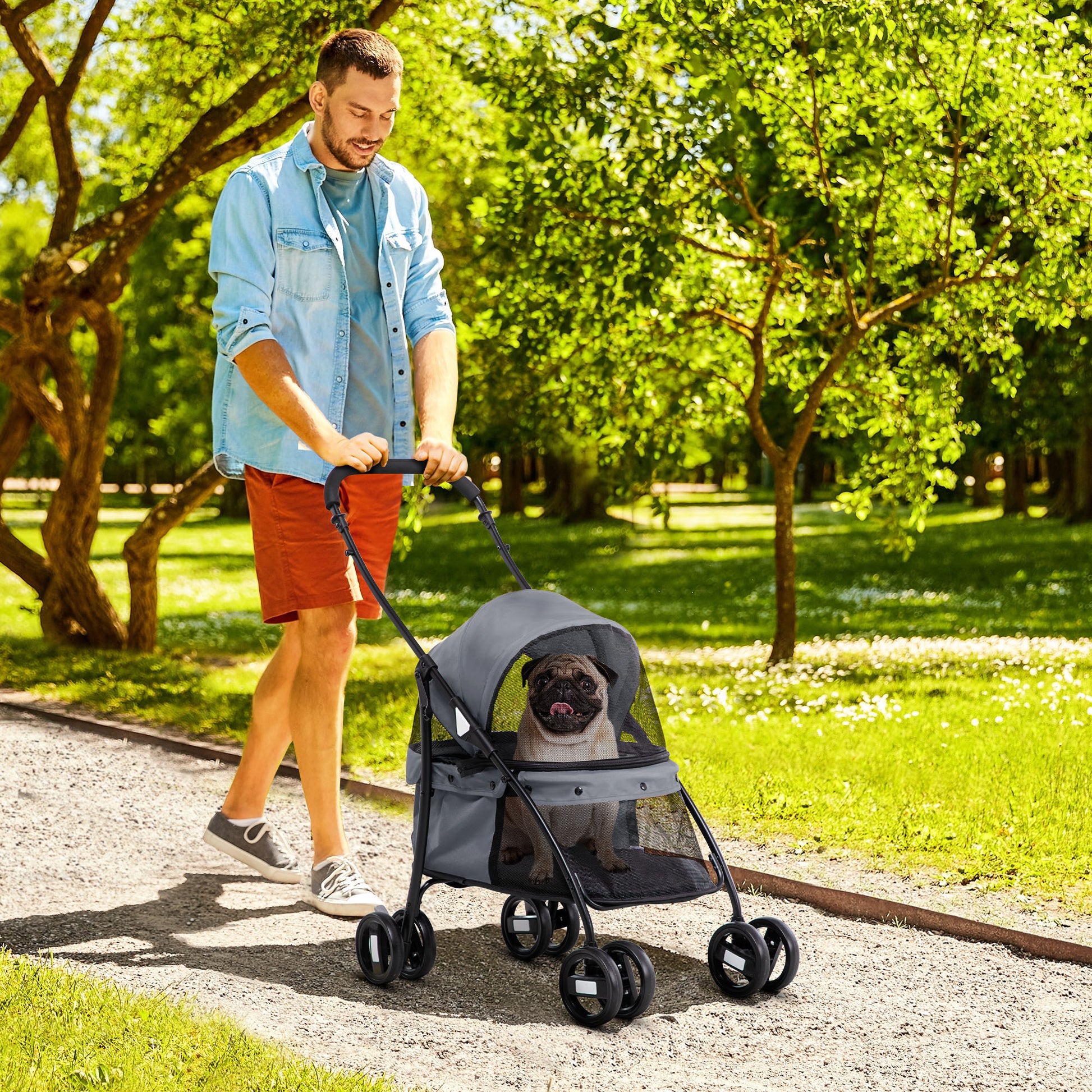 Pawhut Carrito Para Perros Plegable Con Ventanas De Malla Cojín Lavable Gris_1