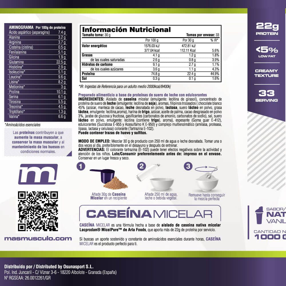 Caseína Micelar Nativa Micelpure™ - 1kg - Natillas De Vainilla - Ayuda A Mantener La Masa Muscula - Masmusculo Supplemen_5