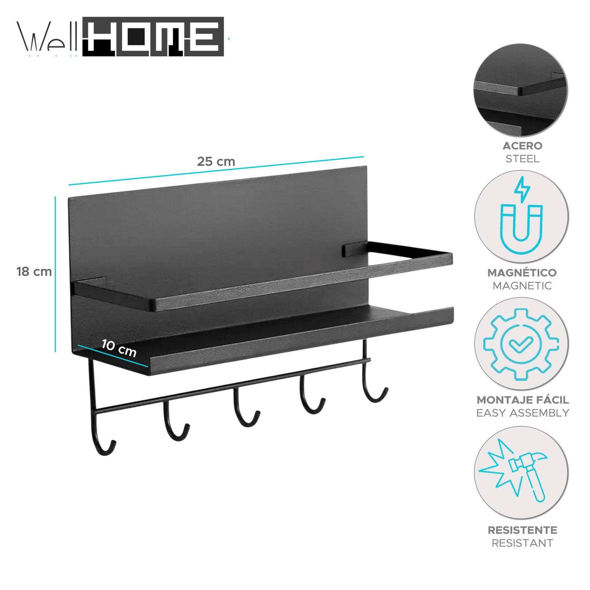 Well Home Balda De Fijación Magnética En Acero Pintado Color Negro