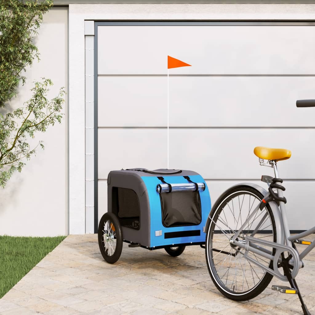 Remolque De Bicicleta Mascotas Hierro Tela Oxford Azul Gris_1