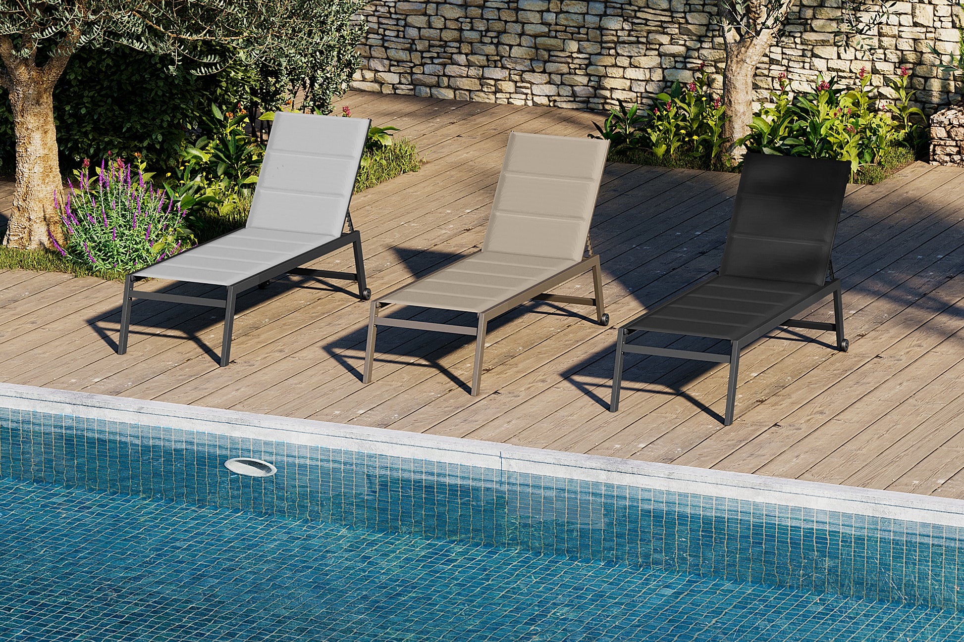 Lote De 2 Tumbonas Pampa Texaline Gris Con Espuma 2x1 Y Multiposiciones De Aluminio Con Ruedas Apilables 199x65x42cm - Tumbonas, Hamacas Y Tumbonas_5