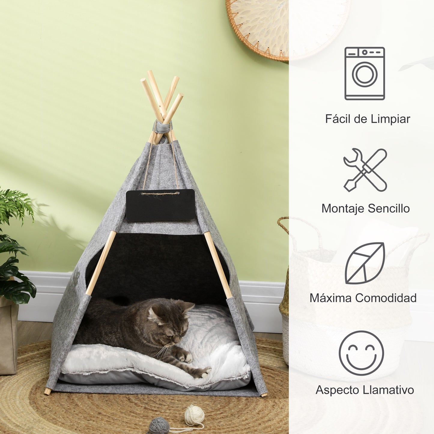Pawhut Tipi Tienda Para Mascotas Cojín Extraíble Lavable Fieltro Madera_5